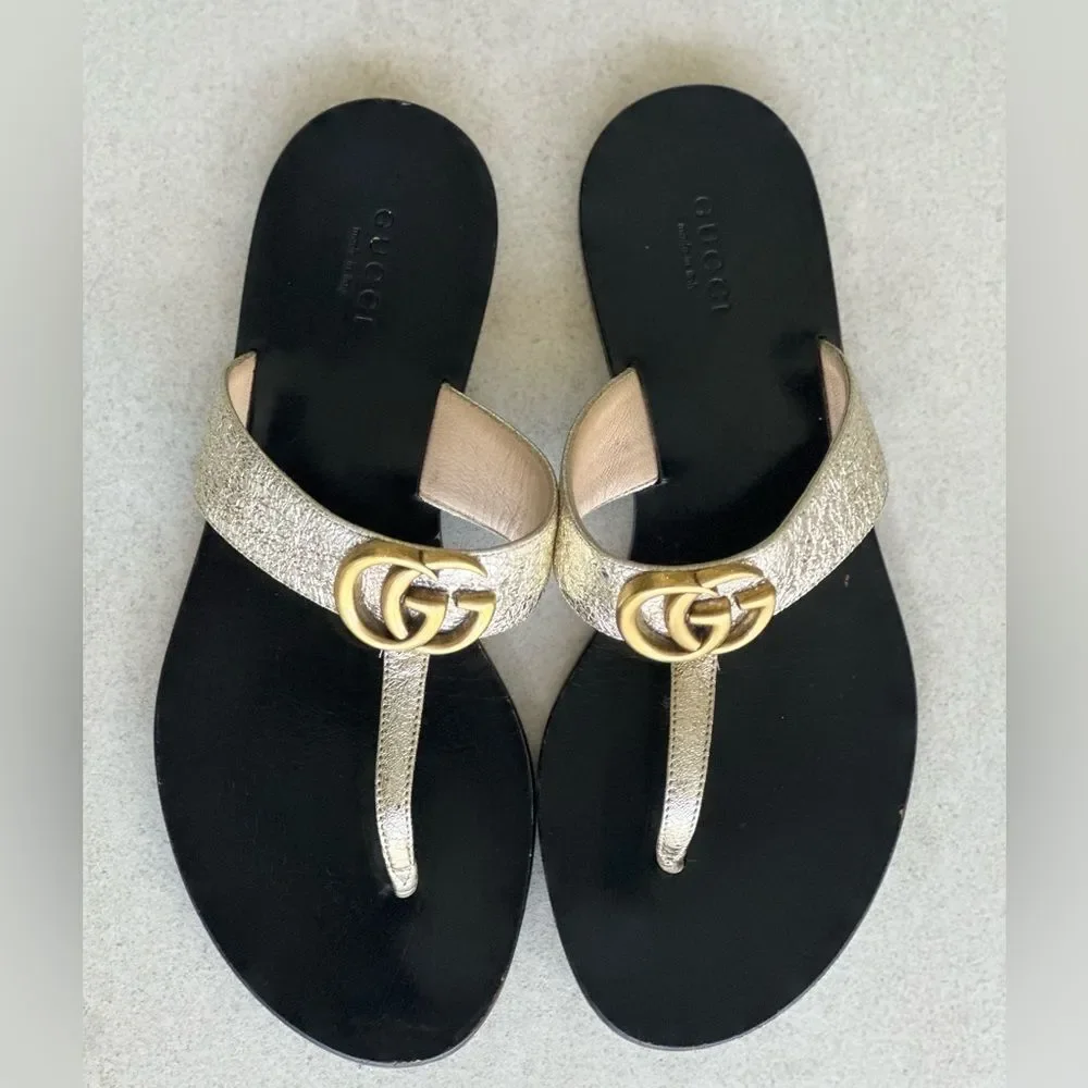 Gucci GG Marmont Sandals Metallic Gold Leather Thong Flats Flip Flops Size 37